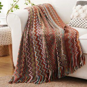 Boho Chevron Aztec Geometric Farmhouse Knitted Tassel Vintage Sofa Throw Blanket